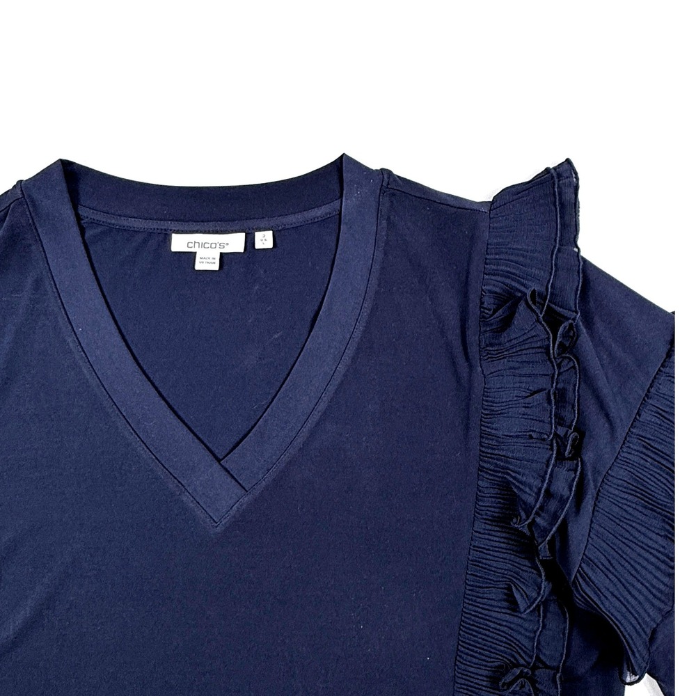Chicos Navy Blue V-Neck Ruffle Shoulder Short Sleeve Blouse Top Size 2 Large